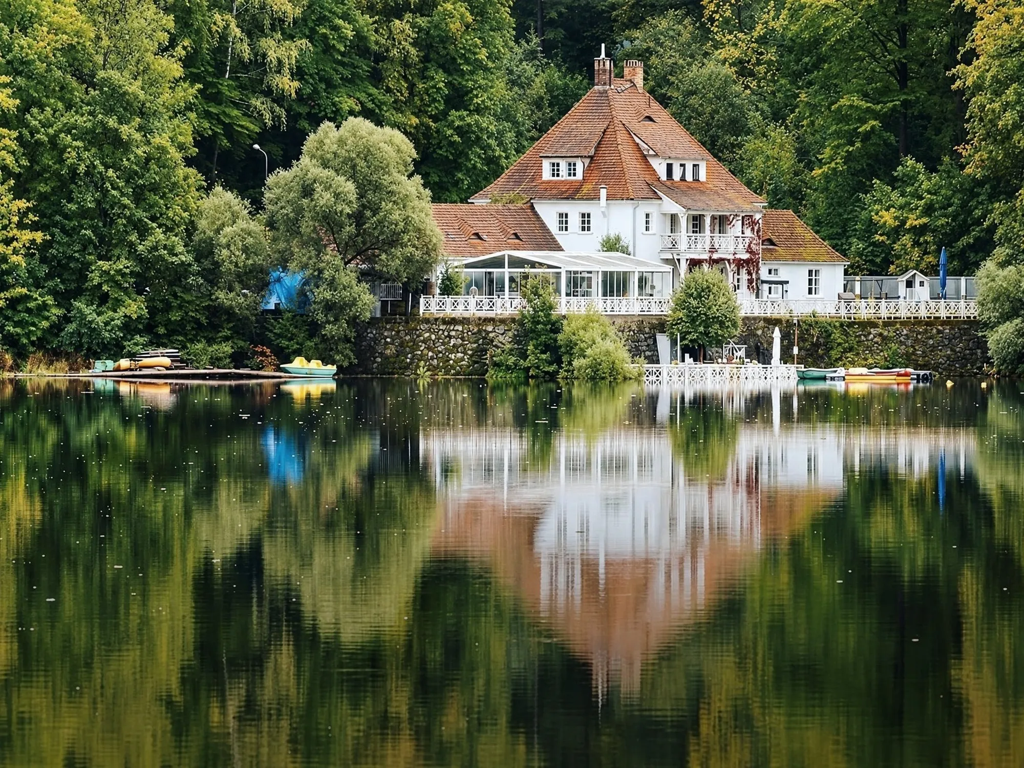 Willa Fregata i jej odbicie w Jeziorze Bystrzyckim, lipiec